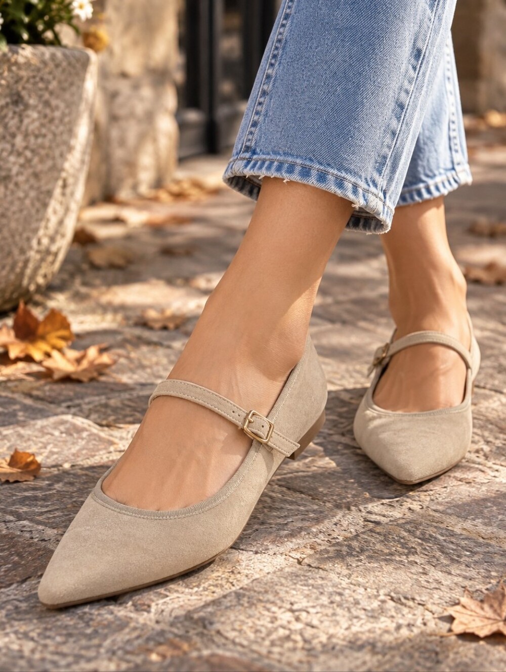Riccardo Boccia Light Taupe Suede Pointed Toe Mary Jane Flats Casual Minimalist